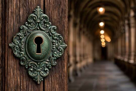 Ornate keyhole on antique wooden door with glowing hallway background