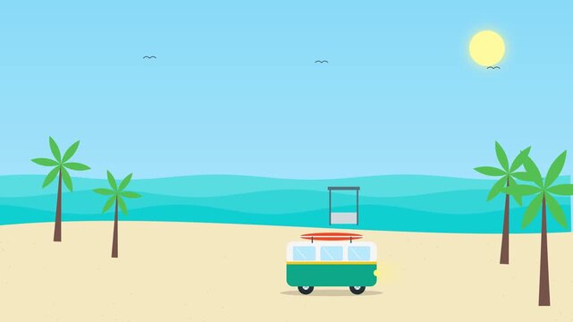 Summer Holiday Beach Shuttle Van with Surfboard on Tropical Coast Flat Animation 4K 60fps 16:9 Canvas
