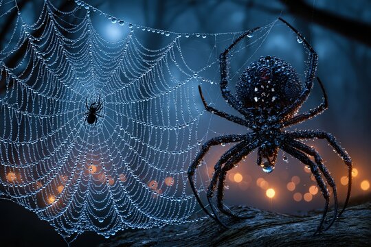 Giant spider on dewy web in dark forest at night halloween atmosphere