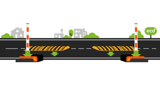 Eco-friendly traffic speed bumps and energy harvesting road system illustration.