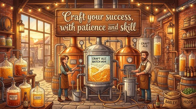 Artistic illustration of a brewery interior with workers crafting beer, featuring copper tanks, fermentation vessels, bottles, barrels, and sacks of g