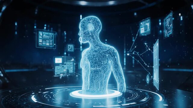 Human Anatomy Hologram Rotating in Futuristic Data Room with Digital Screens