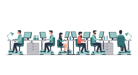 Fototapeta premium Corporate wellness concept with office employees using exercise bike desks.