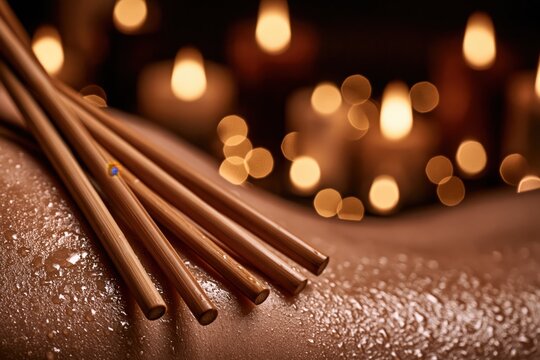 Incense sticks on wet back spa massage session with glowing candles