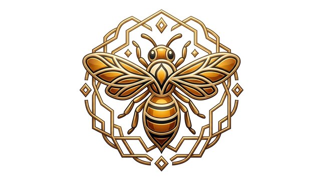 Elegant golden queen bee logo with geometric frame design