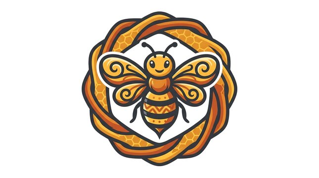 Queen bee logo mascot with honeycomb and golden swirls
