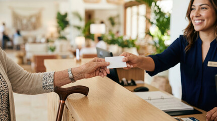 Fototapeta premium Resort reception area with smiling staff assisting elderly guest handing over card in bright welcoming environment