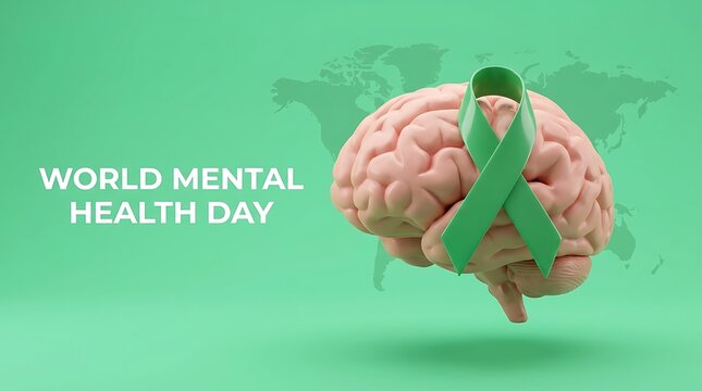 Human brain with a green ribbon for world mental health day awareness