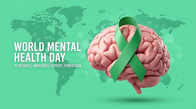 World mental health day concept with a human brain and a green awareness ribbon