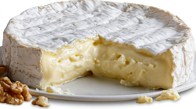 Round brie cheese wheel with a cut slice and walnuts on a plate