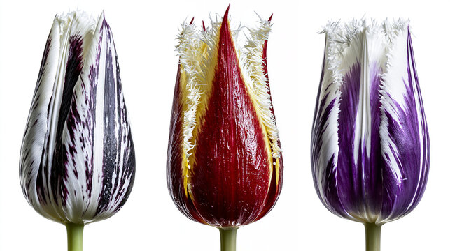 Three colorful fringed tulip flowers isolated on a white background