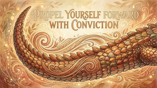 Artistic illustration of a dragon tail with inspirational text 'Propel Yourself Forward With Conviction' in decorative font, evoking motivation and fa