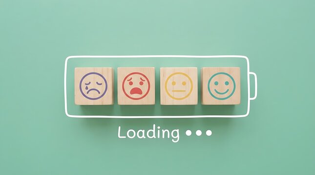 Wooden blocks with different facial expressions in a battery charging bar shape
