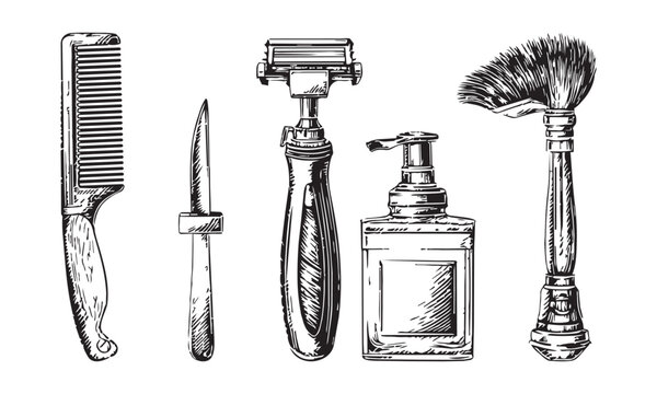 Professional grooming kit featuring classic razor comb spray bottle and brush elements designed for barber salon services and male hair care branding projects.