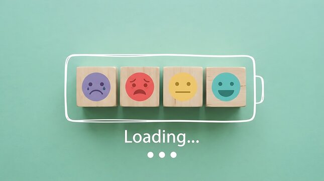 Wooden blocks with emotion faces inside a battery icon showing a loading bar