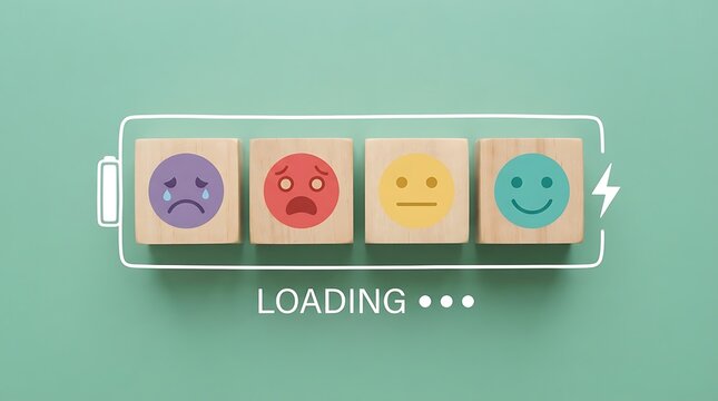 Battery loading bar with wooden blocks showing various human mood and emotions