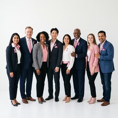 Obraz premium Diverse group of professionals wearing pink ribbons for breast cancer awareness