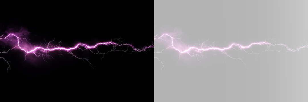Purple thunderbolt with intense lightning strike, branching electric arcs, glowing power discharge, bright sparks and dramatic storm energy effect