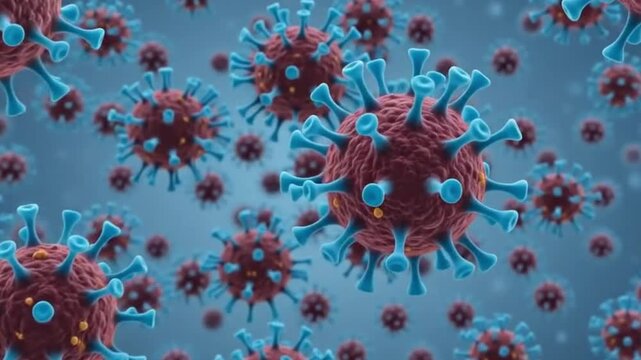 3d render of microscopic virus cells floating in a fluid environment
