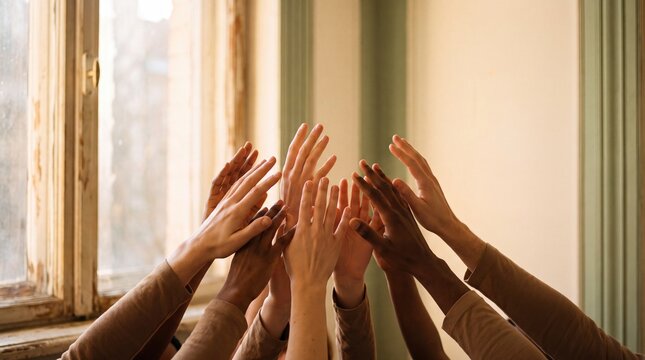 unity in diversity, unity is symbolized by diverse hands raised together in soft golden light
