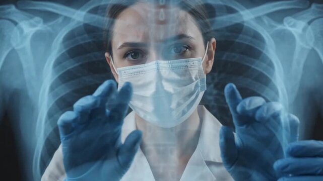 Female doctor in a white coat and blue medical gloves looking at a digital xray scan of a human chest