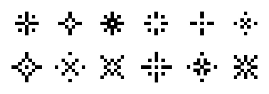 Pixel sparkling stars icon set, game pixel 90s retro star effect, firework sparkle burst decoration
