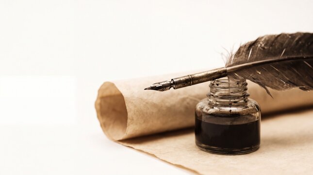 writing instruments history, an elegant quill pen and inkwell rest on a soft, warm parchment surface