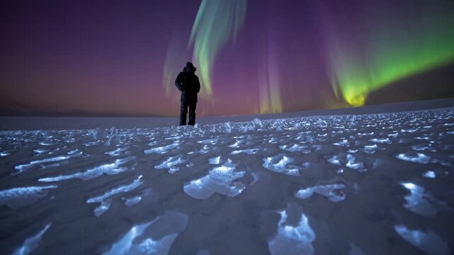solitary person stands on icy tundra beneath vibrant aurora lone explorer silhouetted against green and purple sky, textured snowfield with scattered ice mounds, crisp cold atmosphere, quiet horizon