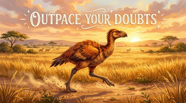 Ancient Terror Bird Running Through African Savanna at Sunset, Inspiring Message of Overcoming Doubts