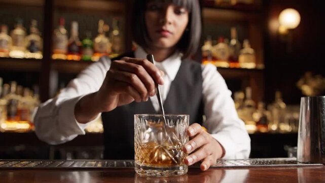 Bartender mixing whiskey cocktail with ice in a crystal glass at a bar