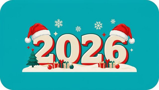 Happy New Year 2026 greeting card design with festive decorations and santa hats