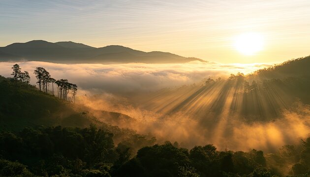 Sunrise over mountain peaks with golden sunbeams piercing through thick low fog