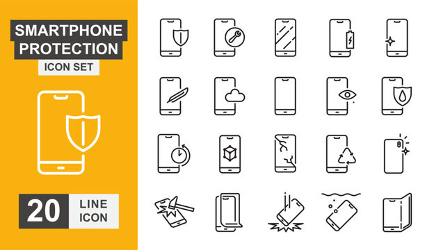 Smartphone Protection Line Icons Set with Mobile Security, Screen Care and Device Safety Outline Symbols
