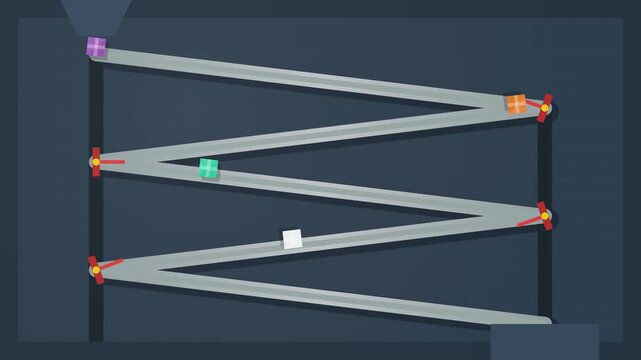 Gravity Fed Zig Zag Sorter Machine Animation with Colorful Cubes 16:9 Aspect Ratio 60fps 4K Resolution