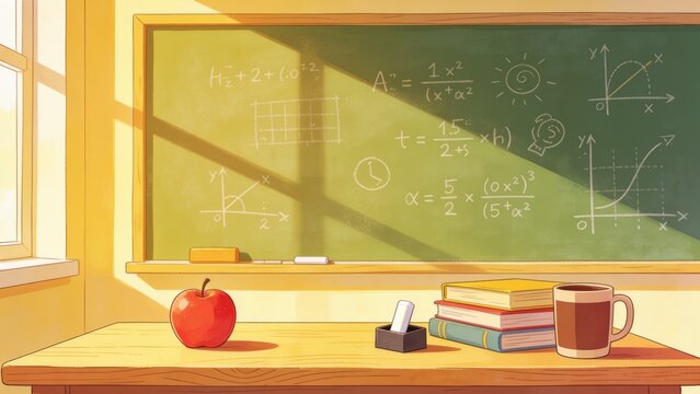 Generative AI depicts a bright classroom scene with a chalkboard and study materials