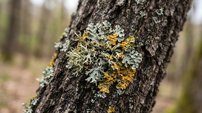 Lichen on tree trunk in woodland forest