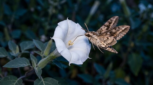 Moth feeding from white bloom at night