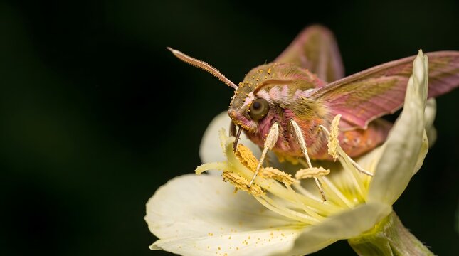 Moth pollinating flowering plant at night