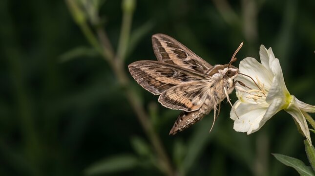 Moth pollinating white flower at night