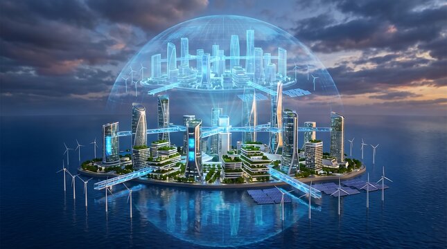 An innovative future city on a tranquil ocean, featuring sustainable architecture, solar panels, and wind turbines, all protected by a glowing energy dome.