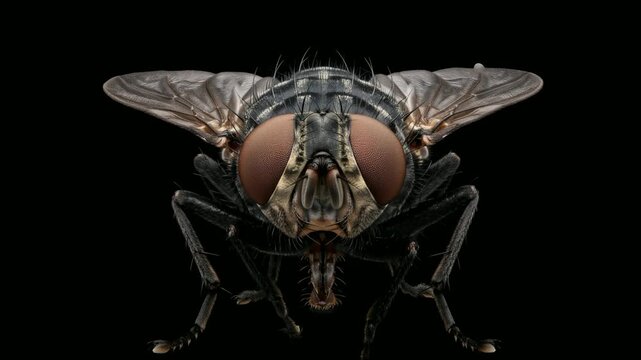 housefly frontal view close up isolated on black background studio macro video