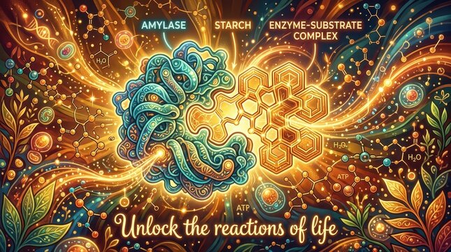 Abstract vibrant science illustration of enzyme-substrate complex, molecular structures, and glowing energy, representing biological reactions and lif
