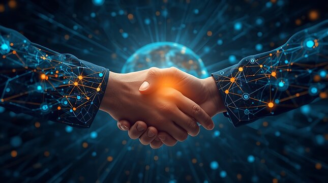 Digital handshake symbolizing business partnership and technology collaboration.