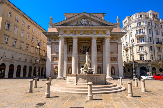 Trieste, Italy - August 03, 2026: Tourists visiting Piazza della Borsa, one of the main squares of Trieste