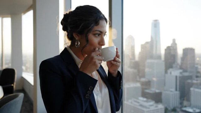 Businesswoman drinking coffee and looking out office window at city skyline