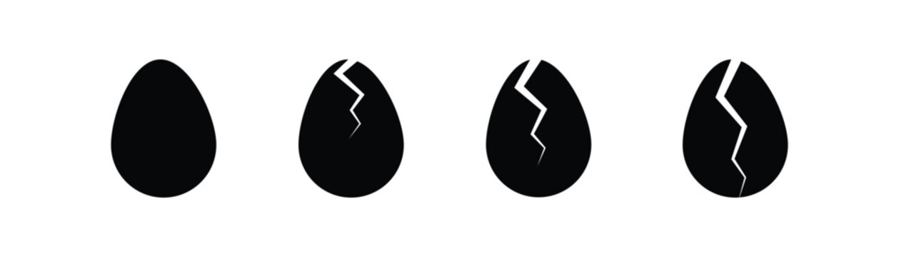 A set of black egg icons featuring whole, cracked and broken egg designs. Clean silhouette-style food symbols representing fresh and cracked eggs. vector illustration.