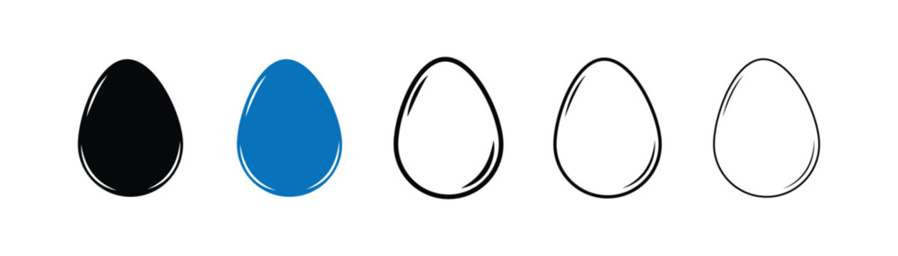 A collection of five whole egg icons featuring black,  blue, and outline designs. set includes two filled egg symbols and three clean line-style illustrations.