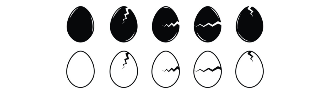 Egg Icons Set. A collection of black filled egg icons featuring whole, cracked, and broken egg shapes. Clean vector illustrations suitable for menus, food packaging, websites, apps, and graphic design