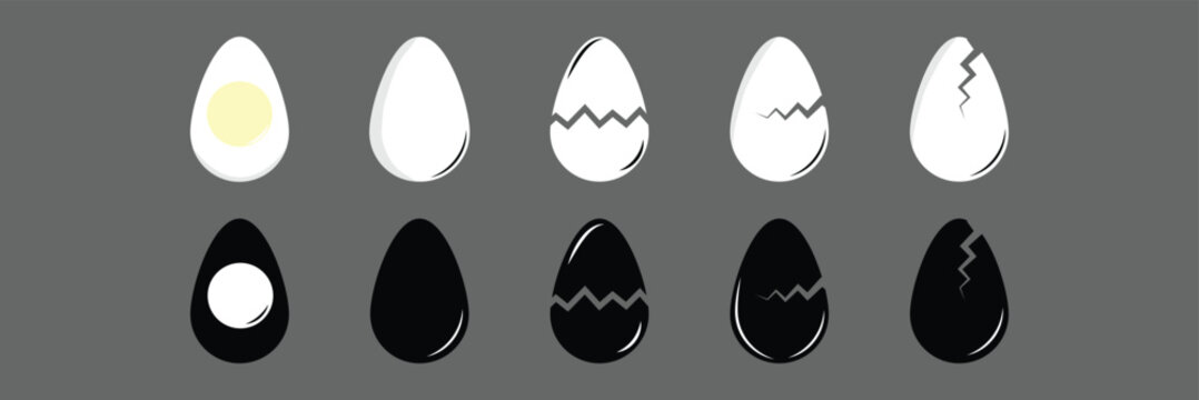 Egg Food Icons Collection. egg icons showing cracked, broken, and boiled half egg with visible yolk. Clean vector illustrations suitable for  websites, apps, and graphic design. eps10