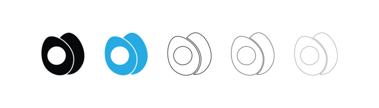 Egg Icons Set. Boiled Egg with Visible Yolk Symbols in Solid and line Illustration Styles. Suitable for breakfast, cooking, kitchen, food, recipe, grocery, and nutrition concepts.
